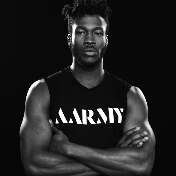 AARMY ALPHA MUSCLE TEE | BLACK - styled on a man with big muscles