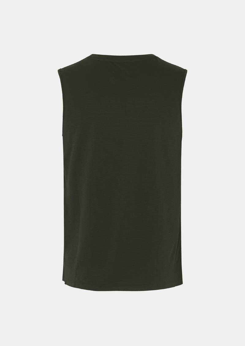 Back view of the Pas Normal Studios Men’s Balance Short Sleeve Top in the color dark olive green. Knit construction and split hem vents. No logos are on the back of this shirt
