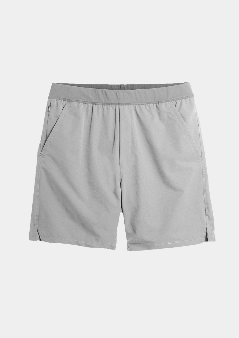 Mens Public Rec Flex Short in fog gray color. An athletic short that flexes for any activity: sweat, swim, or sun.