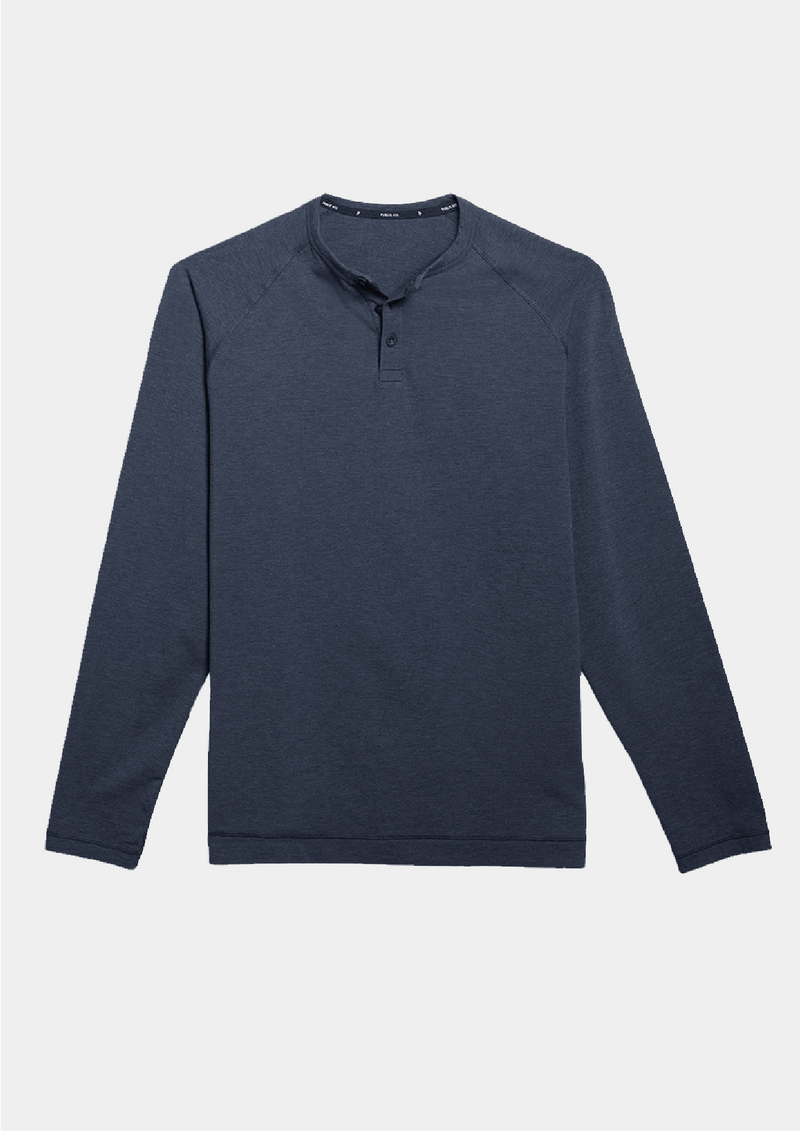 Mens Public Rec long sleeve henley style shirt in the color navy. A relaxed, athletic long sleeve with fabrics Pima Cotton, TENCEL®, and Spandex.