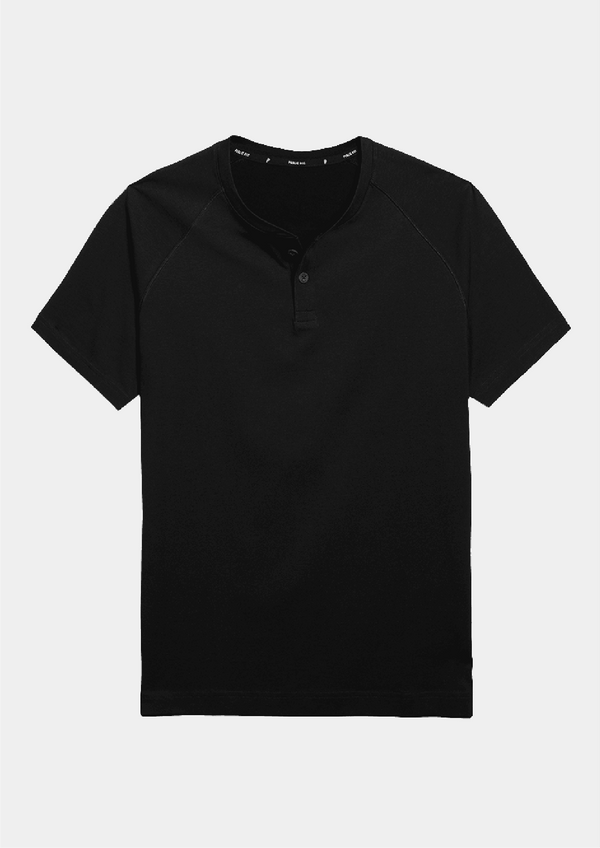Mens Public Rec short sleeve shirt in the color black. Henley t-shirt with Pima Cotton, TENCEL®, and Spandex fabric.
