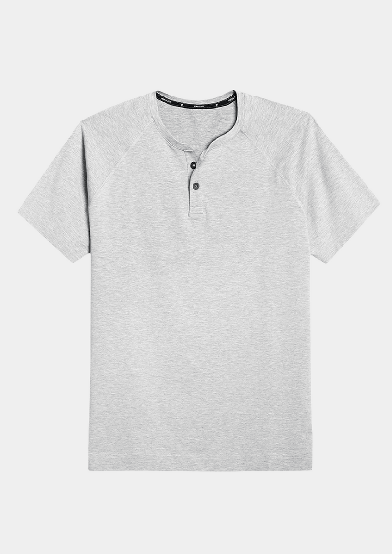 Mens Public Rec short sleeve shirt in the color silverspoon, a light gray. Henley t-shirt with Pima Cotton, TENCEL®, and Spandex fabric.