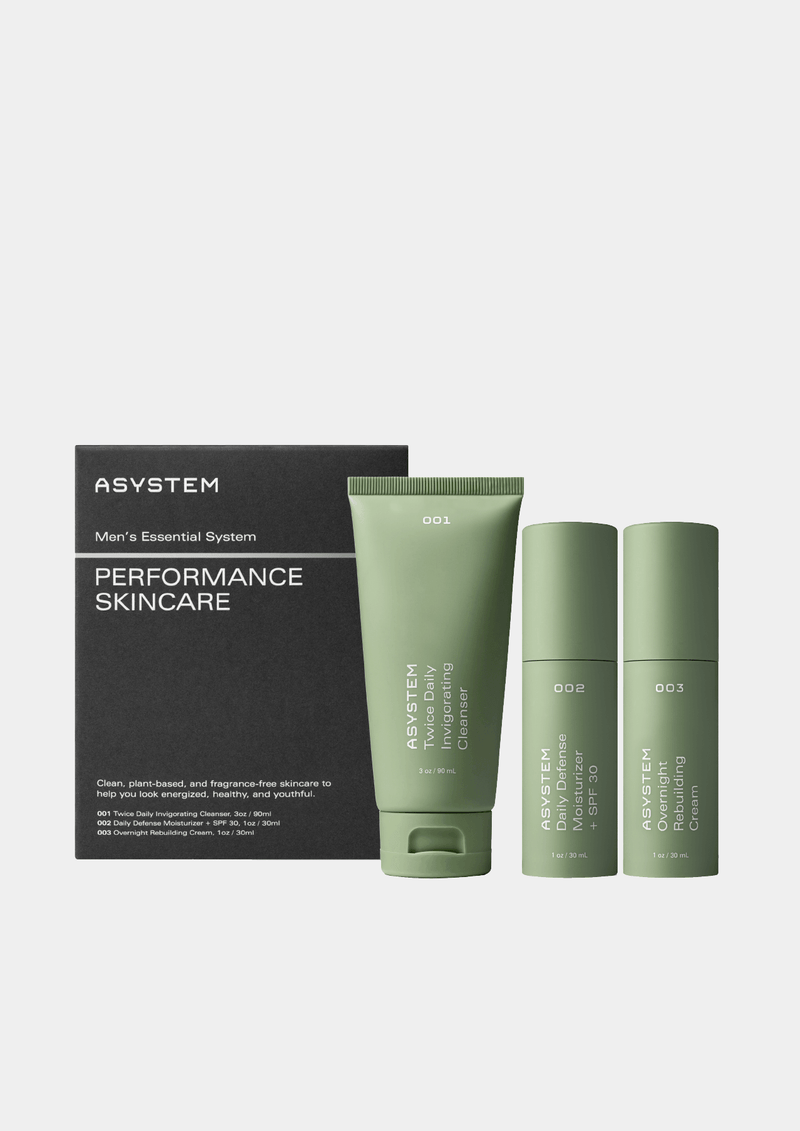 Asystem Performance Skincare - box set of the 3-piece skincare bundle featuring a cleanser, SPF moisturizer, and rebuilding night cream