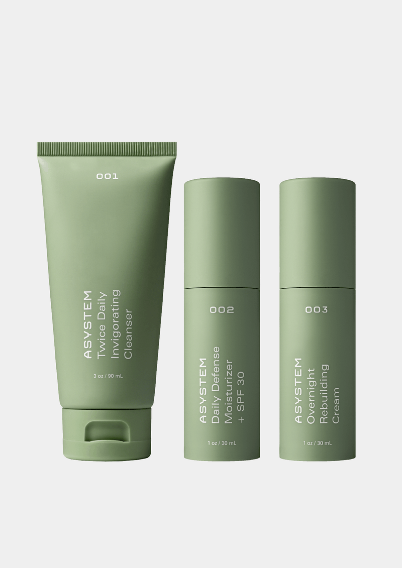Asystem Performance Skincare - 3-piece skincare bundle featuring a cleanser, SPF moisturizer, and rebuilding night cream